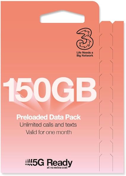 Three Pre-loaded with 150GB of data, unlimited minutes & Texts Valid For 1 Month