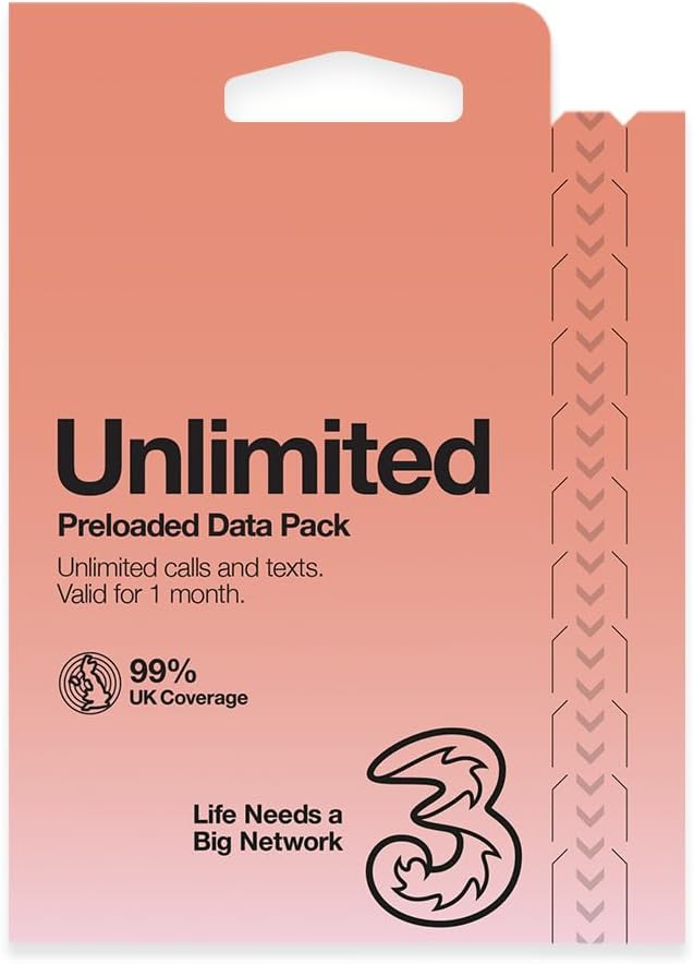 Three Unlimited Data Pack Including Unlimited Calls & Texts Valid For 1 Month