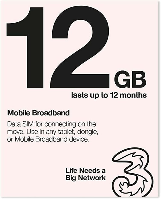 Three Mobile Broadband Data Sim 12GB lasts up to 12 months
